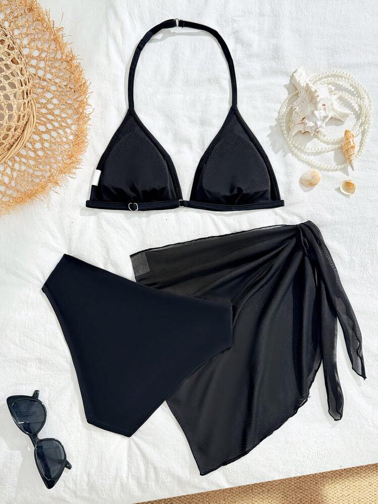 SHEIN 3pcs Teen GirlBlack Series Swimsuit Set, For Beach, Holiday, Party, Spring/Summer Young Girls Sets Bathing Suit Set Beach Vacation Outfits Summer Holiday - Black - View 2