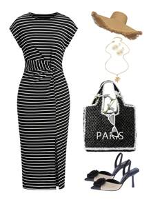 Ellevyn 腰部扭纹下摆开衩修身连衣裙，适合夏季休闲出游 - 黑與白 - 查看 3