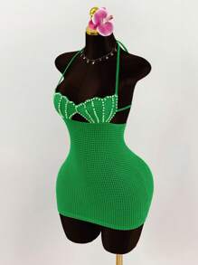 Amplova Pearl Shell Decor Backless Halter Neck Bandage Bodycon Tight Mini Dress - Green - View 5