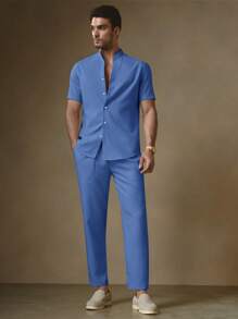 Manfinity VCAY 2pcs/Set Men's Casual Solid Color Fitted Raglan Sleeve Shirt & Tapered Waisted Pants, Suitable For Daily Wear Men Blue Two Pieces Set Men Blue Outfit Men Linen Suit Summer Suit For Men Men Blue Co-Ords - Blue - View 1