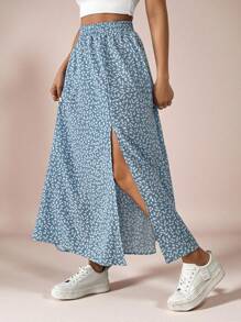 SHEIN VCAY Falda casual de talla grande para mujeres con estampado floral diminuto y aberturas laterales para el verano y vacaciones
