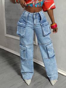 BamGleam Women's Casual Straight Leg Denim Jeans - Blue - View 5