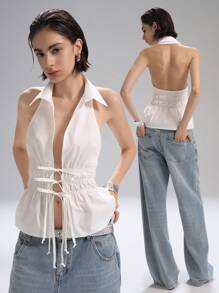 LYSMO White Summer Seksi Chic Club Night Women's Halter Neck Backless Gathered Waist Slim-Fit A-Line Tie-Front Shirt,Siren Chic Office Casual Workwear Top - White - View 3
