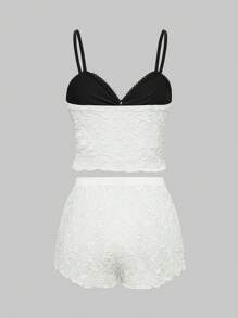 ROMWE Goth 哥特式深色提花蕾丝吊带短裤睡衣套装，透明 - 黑與白 - 查看 2