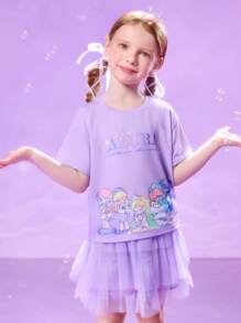 Pop Mart Azura X SHEIN Young Girl Cartoon Pattern Purple Drop Shoulder Loose Sweet Short Sleeve T-Shirt For Summer