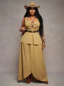 Slaydiva 2025 Spring/Summer New Elegant Vacation Solid Khaki Color Spaghetti Strap Fitted Bodice With Flared Skirts Skirt, Plus Size - Khaki - View 6