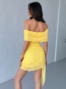 Aloruh New Asymmetrical Hem Halter Neck Yellow Gauze Vacation Mini Dress - Yellow - View 2