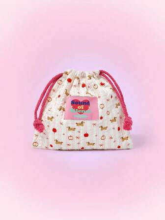Kawaii Bolsa de almacenamiento de accesorios linda con estampado de cachorro, manzana, moño y flores dispersas