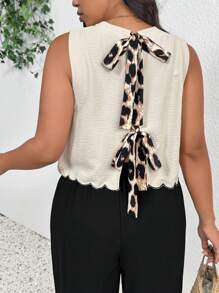 SHEIN Frenchy Plus Size Women's Leisure Leopard Patchwork Backless Knot Detail Sleeveless Blouse/Shirt