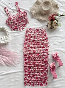 Soleia 女式碎花吊带背心和百褶迷你裙套装，假日风格海滩度假装春夏女士西部音乐节波西米亚假日波西米亚风