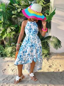 Váy hở vai cổ tròn họa tiết hoa đơn giản cho bé gái tuổi teen đi nghỉ mát - Xanh và trắng - Xem 7