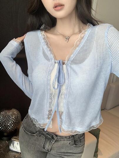 DAZY 女式蕾丝拼布抽绳系带袖口长袖上衣，秋季女装