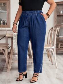 EMERY ROSE 大码纯色弹性腰带口袋休闲水钻装饰牛仔裤