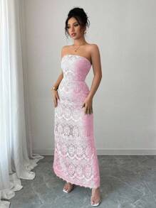 Chiquease 女士优雅蕾丝网纱抹胸连衣裙 - 粉色 - 查看 3