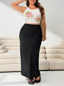 Solflare 大碼高腰素色直筒半身裙 - 黑色 - 查看 5