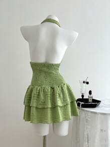 SHEIN Unity Vestido corto con volantes en la cintura, halter y espalda descubierta de unicolor para mujer - Verde - Ver 2