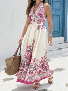 SHEIN Clasi Vestido con estampado floral fruncido de escote halter y espalda descubierta para vacaciones de verano, tallas grandes - Albaricoque - Ver 5