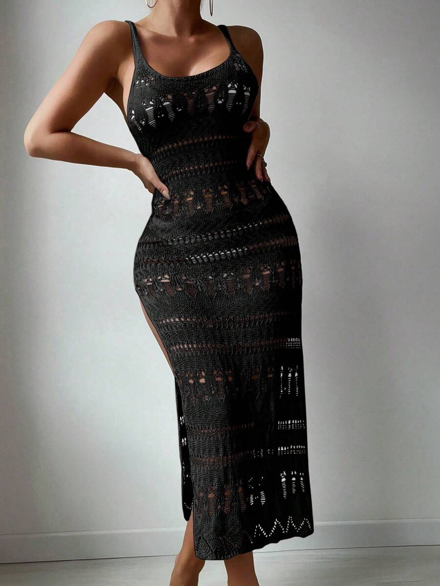 Swim Basics Women's Vacation Solid Color Hollow Out Slip Dress For Summer