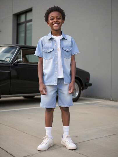 SHEIN Vacaura 新款青少年男孩休閒時尚短袖牛仔襯衫和短褲套裝,洗水工藝風格