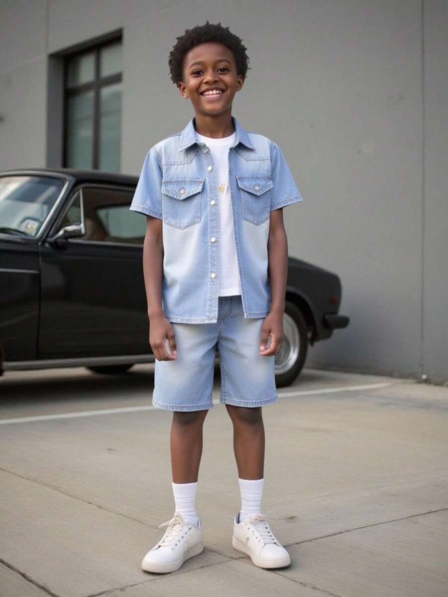 SHEIN Vacaura 新款青少年男孩休閒時尚短袖牛仔襯衫和短褲套裝,洗水工藝風格