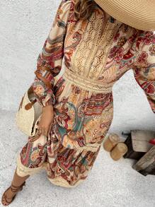 Vivid Eden Women's Floral Print V-Neck Splicing Lace Dress, Elegant For Holiday, Long Sleeve Dress, Commute, Minimalist, Office, Old Money, Simple, Button Down Dress, Fall Women Outfits, Winter Inside Out Dress, Summer Clothing,Vacation Style