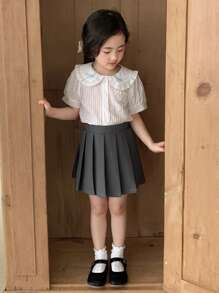 DAZY Young Girl Summer Striped Ruffled Collar Short Sleeve Shirt With Pleated Skirt Set - Grey - View 6