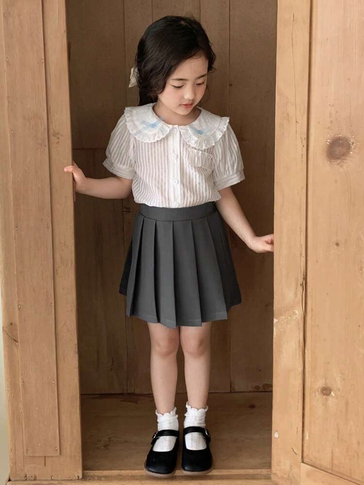 Young Girl Summer Striped Ruffled Collar Short Sleeve Shirt With Pleated Skirt Set