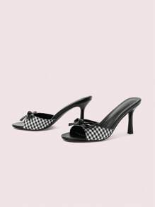 CUCCOO DOLLMOD Women's Plaid & Black PU Mixed Bow Decor Comfortable Round Toe High Heel Mule Sandals