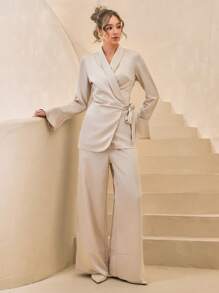 SHEIN Cottnline 2pcs Set: Wrap Waist Tie Front Jacket And Pants Suit In Bengaline Fabric - Beige - View 1