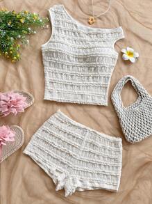 Soleia 2 件女式红白条纹针织不对称领口短款上衣和超低腰紧身短裤套装，适合度假、派对、圣诞节、情人节、约会、海滩、游轮、狂欢节、复活节