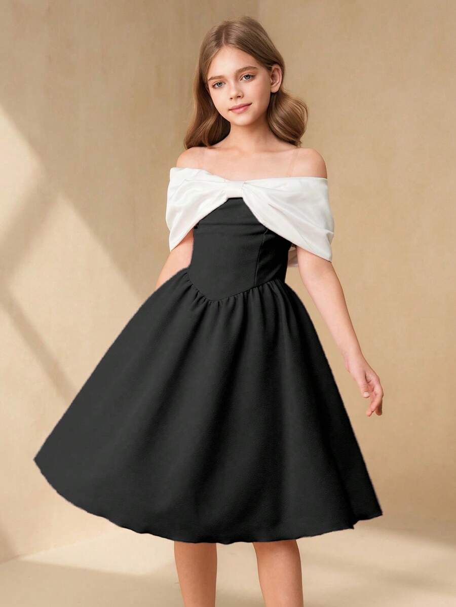 Tween-Mädchen Kleid , Off-Shoulder, Schleife, kurzer Glockenrock, elegant, lässig für Urlaub, Rüschenbesatz, rosa, Frühlings-/Sommerpartykleider, klassische Kleider - Schwarz - Übersicht 1