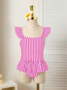 Young Girls Beach Vacation Striped Print One-Piece Swimsuit (Print Random) - Hot Pink - View 3