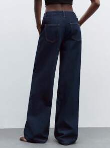 Maija 女式蓝色牛仔裤法式优雅牛仔裤复古双口袋直筒修身长裤老式风格办公室服装 - 深色水洗藍 - 查看 4