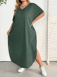 SHEIN CURVE+ Plus Size Women's Solid V-Neck Bat Sleeve Pocket Casual T-Shirt Dress, Summersummer/Country/Beach Vacation Outfits/Beach Outfits/Beach Wear,Summer Dresses For Women,Maxi Dress - Dark Green - View 3