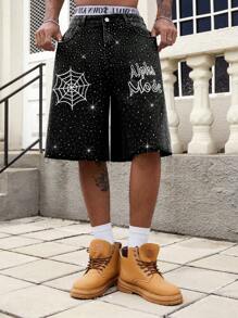 ROMWE MEN Street Life Men's Spider Rhinestone Graphic Pocket Wide Leg Loose Casual Denim Shorts