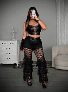 Whyspr Plus Size Rave/Style Solid Color Pants, Fashionable For Summer Fall Cloth For Women - Black - View 5