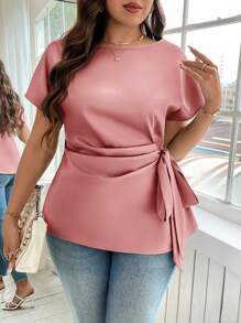 Reflora Femmes grande taille Couleur unie Encolure ras-du-cou Manches courtes chauve-souris Nœud devant Top de sortie pour femmes, Décontracté professionnel Femme Saint-Valentin - Vieux Rose - Voir 5