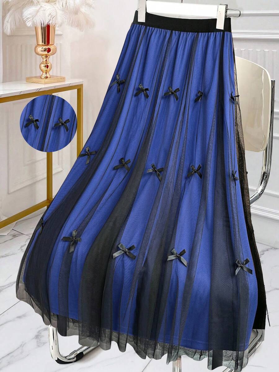 Celure 大码女式优雅蝴蝶装饰网眼裙 - 寶藍色 - 查看 1