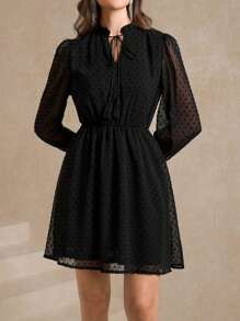 Amorya Swiss Dot Tie Neck Frill Trim Dress Black Dress Dress For Wedding Guest - Black - View 4