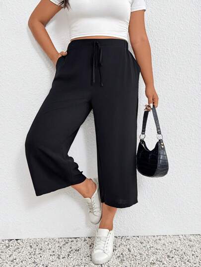 SHEIN Frenchy Plus Size Women's Fashion Casual 7/8 Pants, Black, Suitable For Daily Outings, Summer