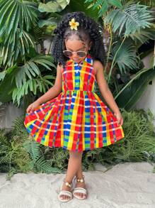 SHEIN Young Girl Casual Multicolor Plaid Sleeveless Collared Half-Button Front Dress