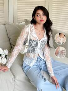 K-Vae Damen Sommer Lässig Urlaubs Bluse in Weiß, abgestuftes transparent-maschiges Rundhals-Oberteil mit offenem Kragen und Langarm - Weiss - Übersicht 2