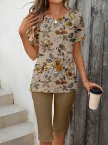 EMERY ROSE 2pcs/Set Women Casual Vintage Floral Color Block Top And Shorts Set, Suitable For Summer Suitable For Going Out - Multicolor - View 3