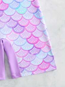 女童连体拉链美人鱼卡通印花荷叶边防晒泳衣，美人鱼服装，儿童美人鱼套装，幼儿美人鱼女童套装，幼儿美人鱼套装，儿童美人鱼泳衣，夏季假日