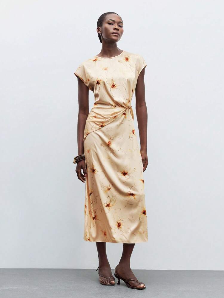 SHEIN Maija Floral Print Twist Satin Minimalist Elegant Mid-Length Dress For Women, Comfortable & Versatile Outerwear For Autumn,Halloween