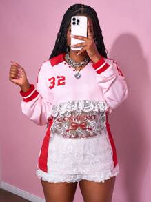 Slaydiva 2025 New Summer Casual Street Sweet Hot Girl Style Y2K Daily Date Birthday Party Shirt Collar Lapel V-Neck Drop Shoulder Red Striped Lace Splicing Knitted Fabric Pink And Red Bow Pattern Slogan Logo Printing Retro College Style Loose Long Sleeve Long Women's T-Shirt-A