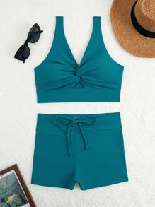 SHEIN Swim 1 件女士纯色细肩带泳衣和三角泳裤，夏季时尚