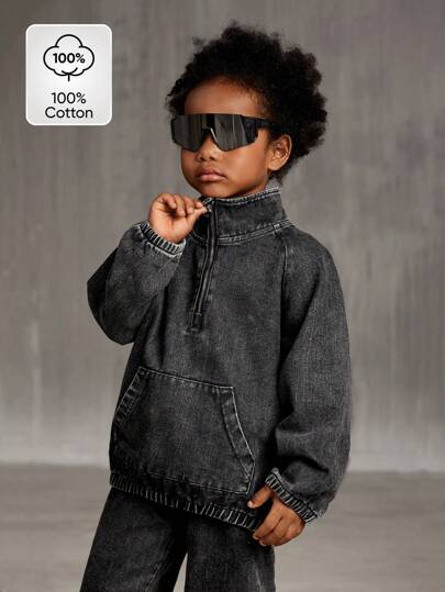 SHEIN X JIMENA & MATEO Explorewe 2pcs/Set Young Boy Black Denim Acid-Washed Long Sleeve Zip-Up Top & Pants, Suitable For Spring, Summer, Autumn Outings, Vacation, Daily Wear, Back To School