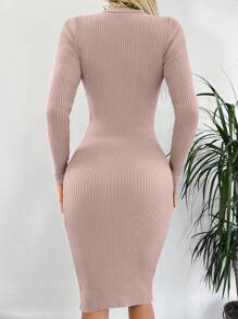 EURMUSE Women Solid Color Crew Neck Long Sleeve Fitted Knitted Dress - Watermelon Pink - View 2