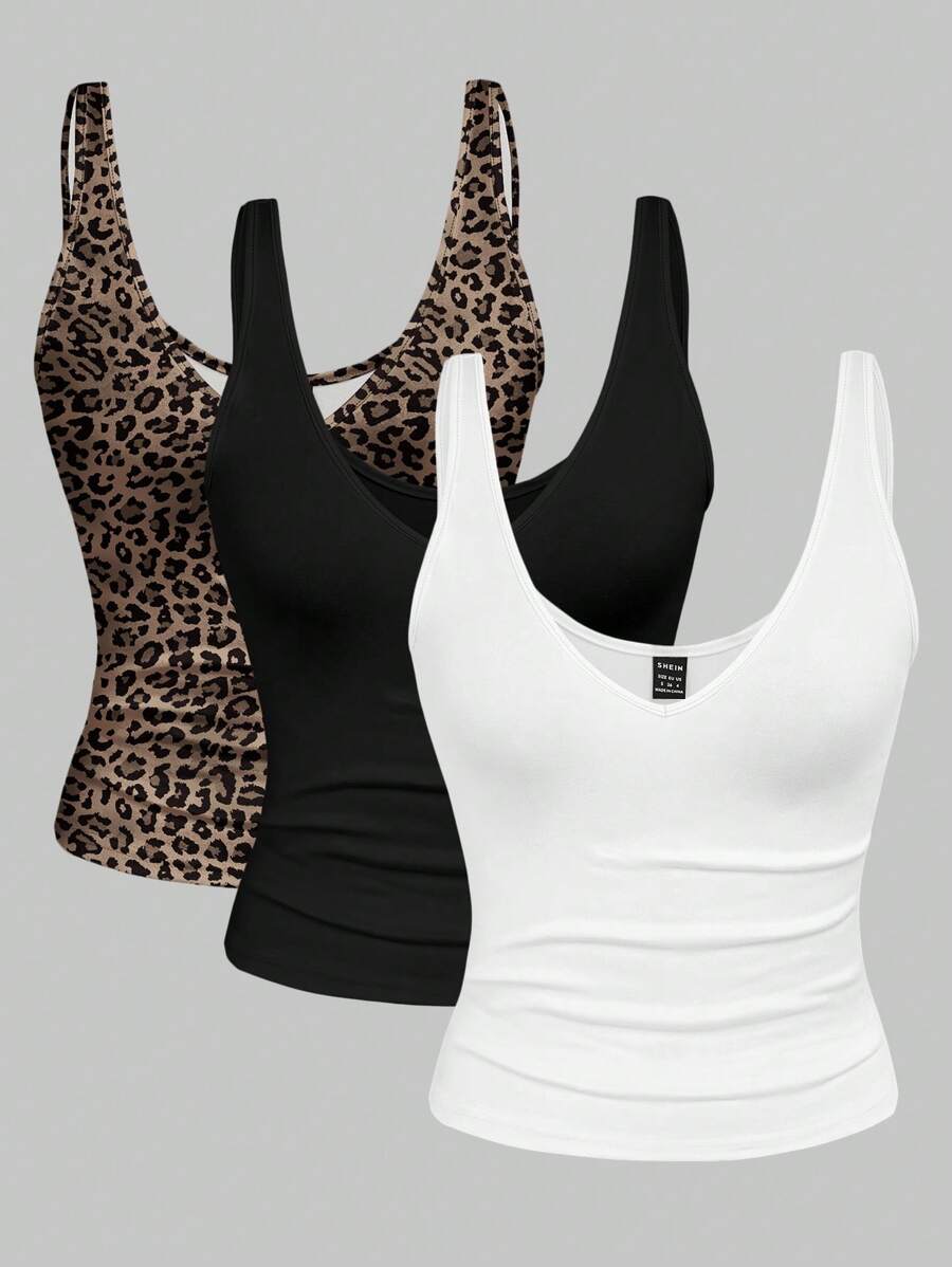 Rina Fox 2pcs/Set Women's V-Neck Cropped Leopard Print & Solid Color Tank Top, Summer - Black - View 1